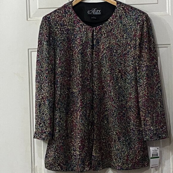 NWT Alex Evenings 2 Piece Garment Sz L Jacket & Tank Black/Multi Glitter Floral - Picture 1 of 14